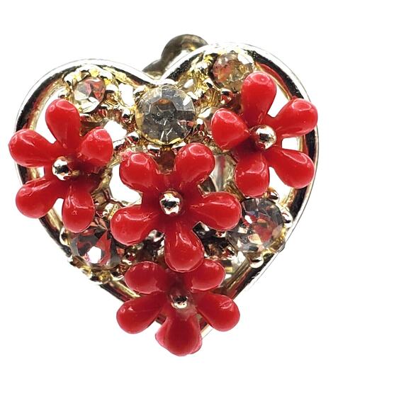 Red Lucite Heart Clip Earrings Silver Tone Flower Rhinestone Vintage Valentines - Picture 2 of 5
